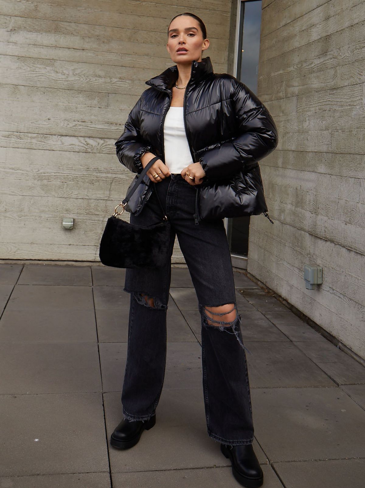 lissy roddy wearing a cropped puffer jacket