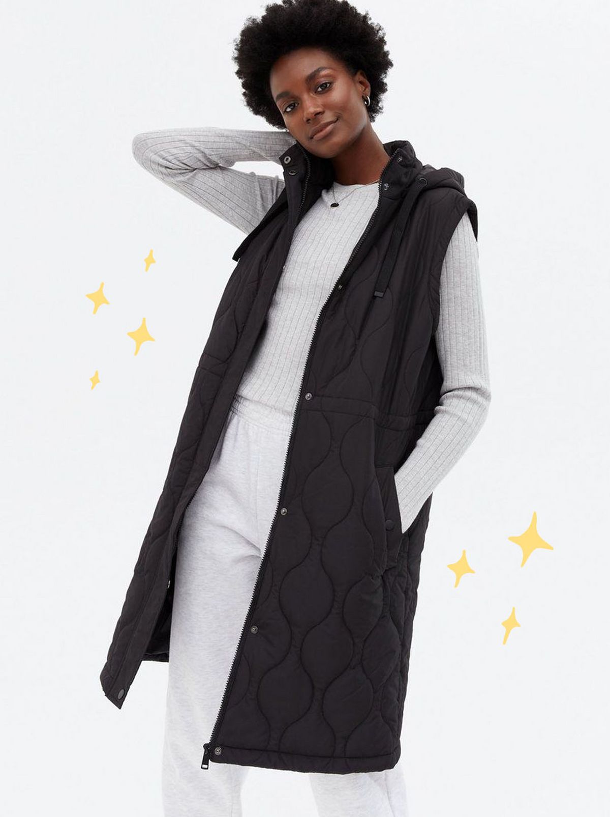 Women's black quilted hooded long gilet	