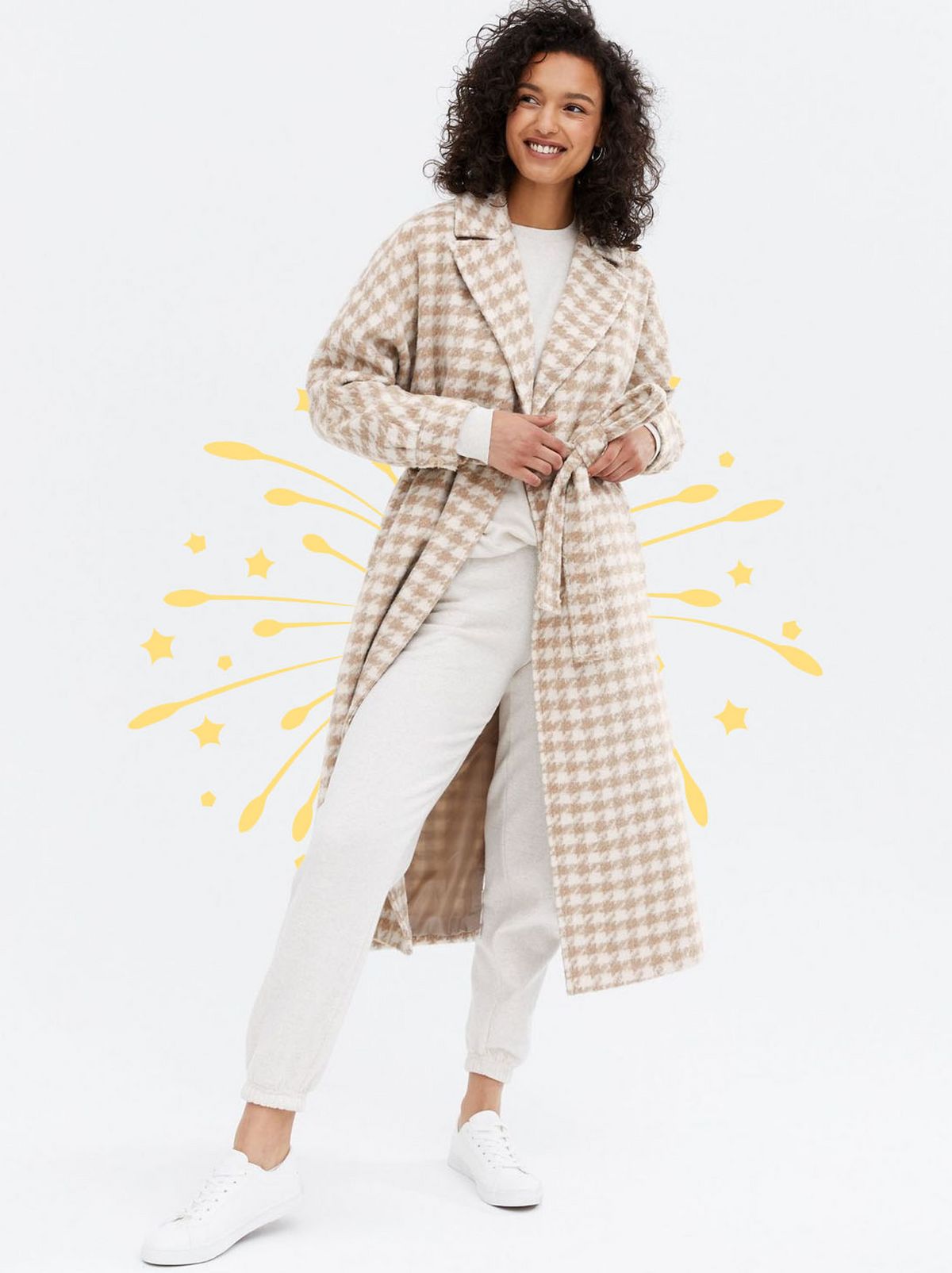 Women's cream dogtooth long coat	