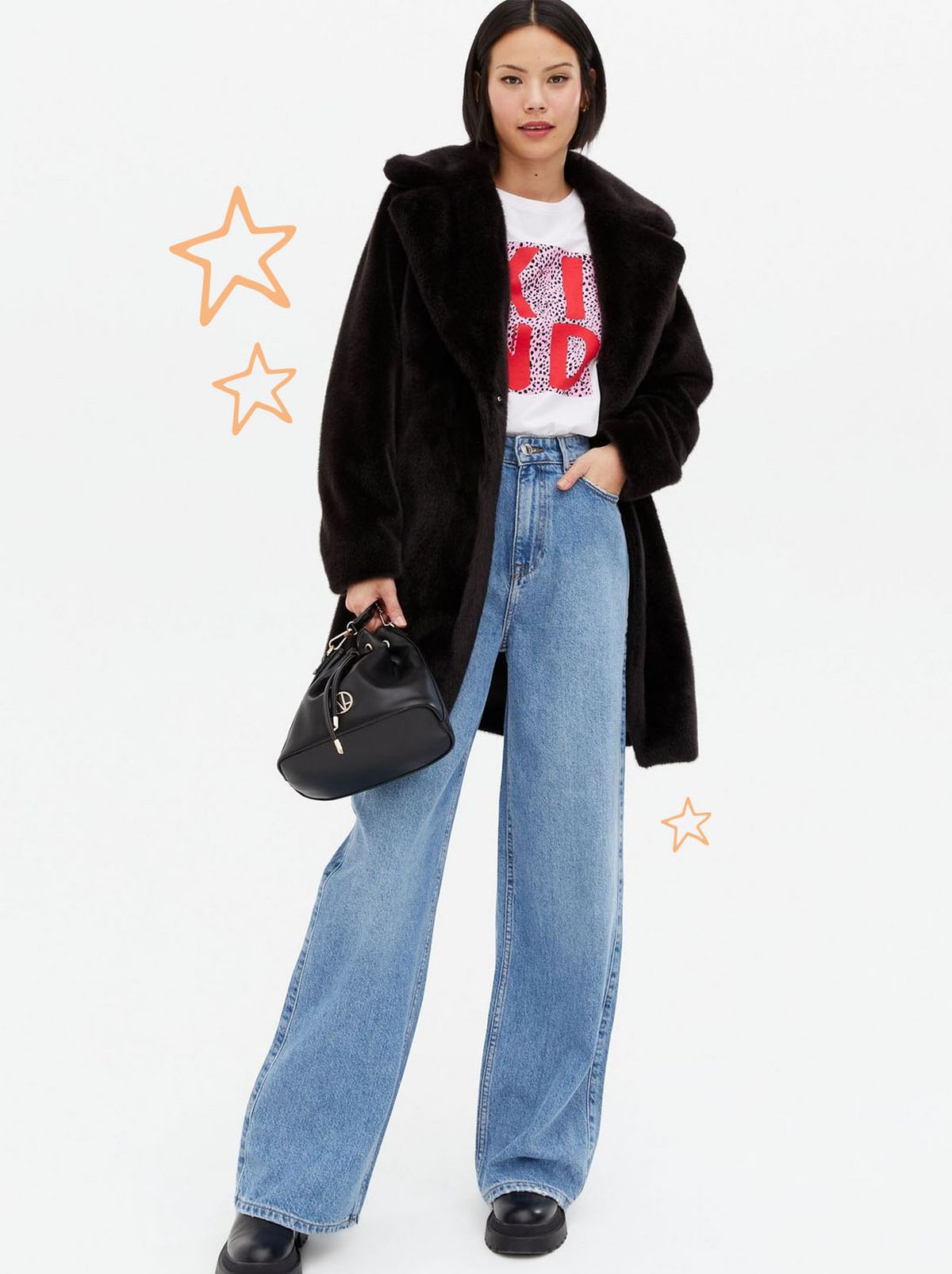 Women's black faux fur long coat	