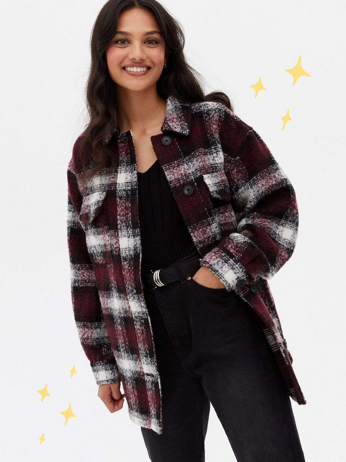Women's brugundy check brushed shacket	