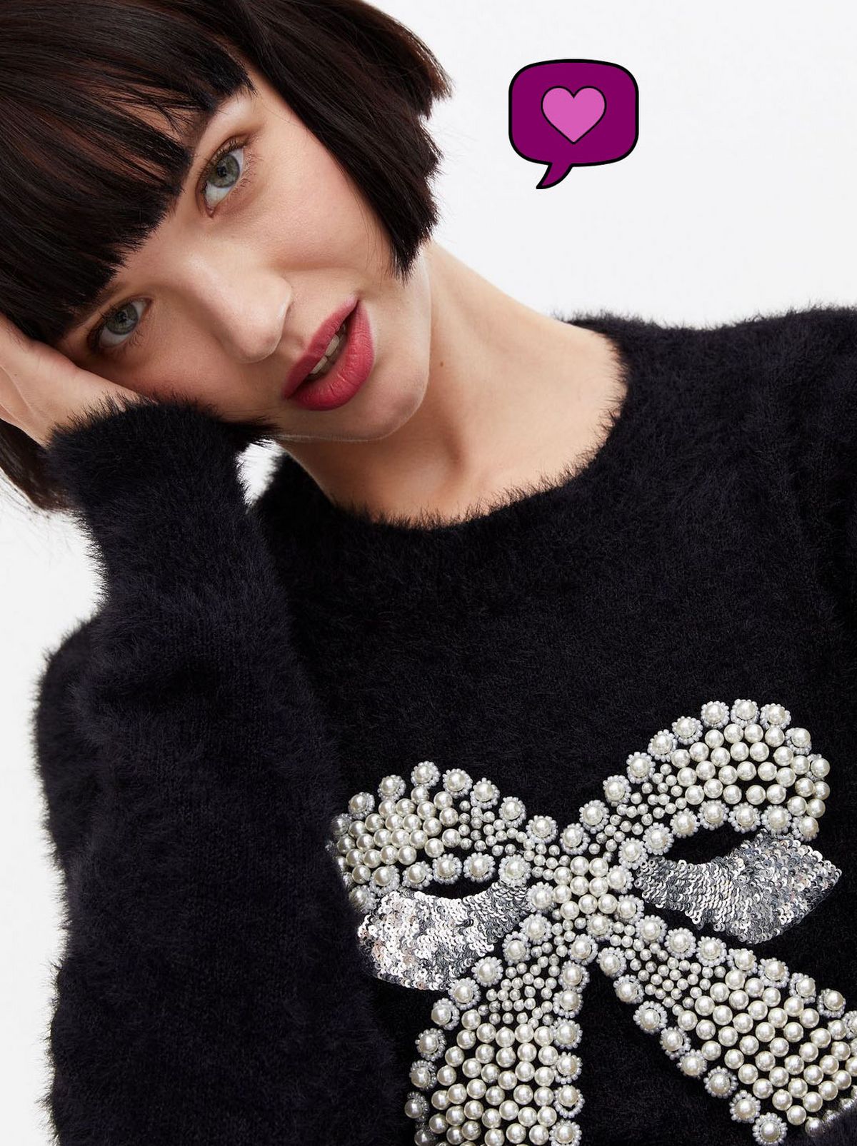 Women's Black Fluffy Faux Pearl Bow Embellished Jumper	