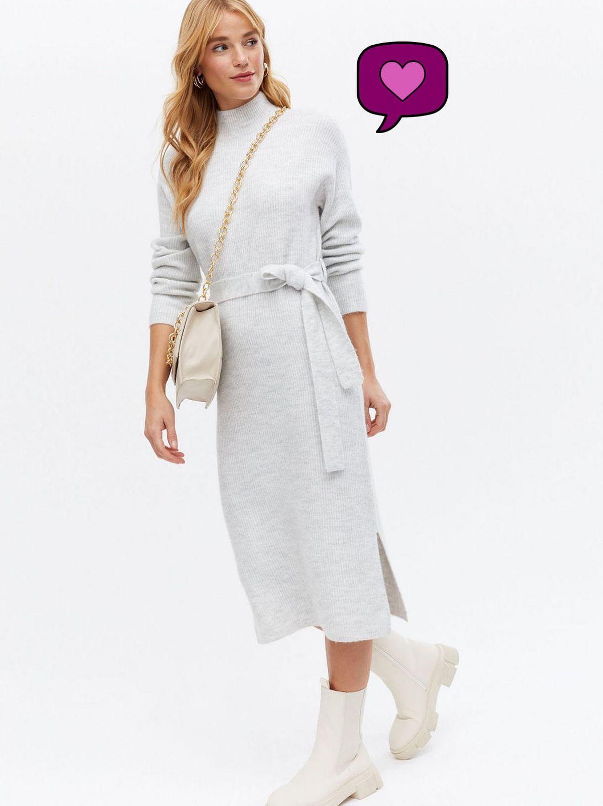 Women's Pale Grey Knit High Neck Tie Waist Midi Jumper Dress	