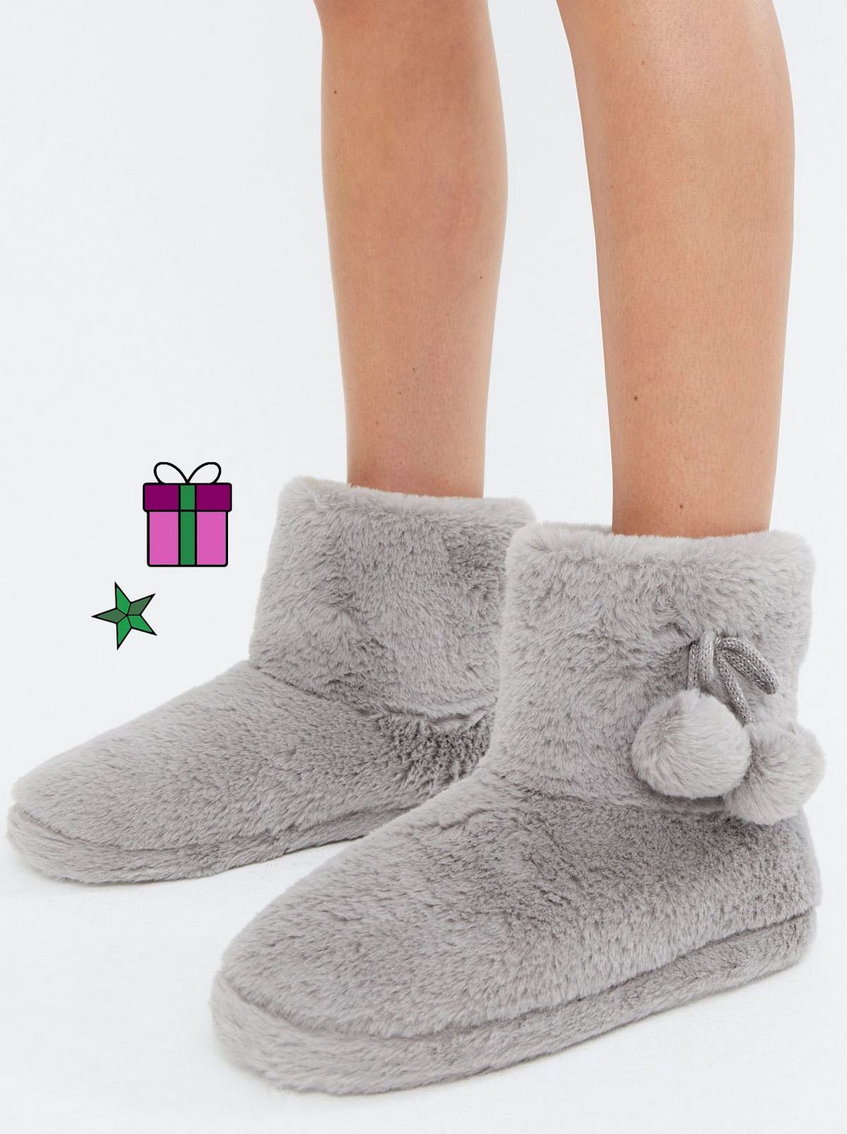Grey Fluffy Pom Pom Boot Slippers	