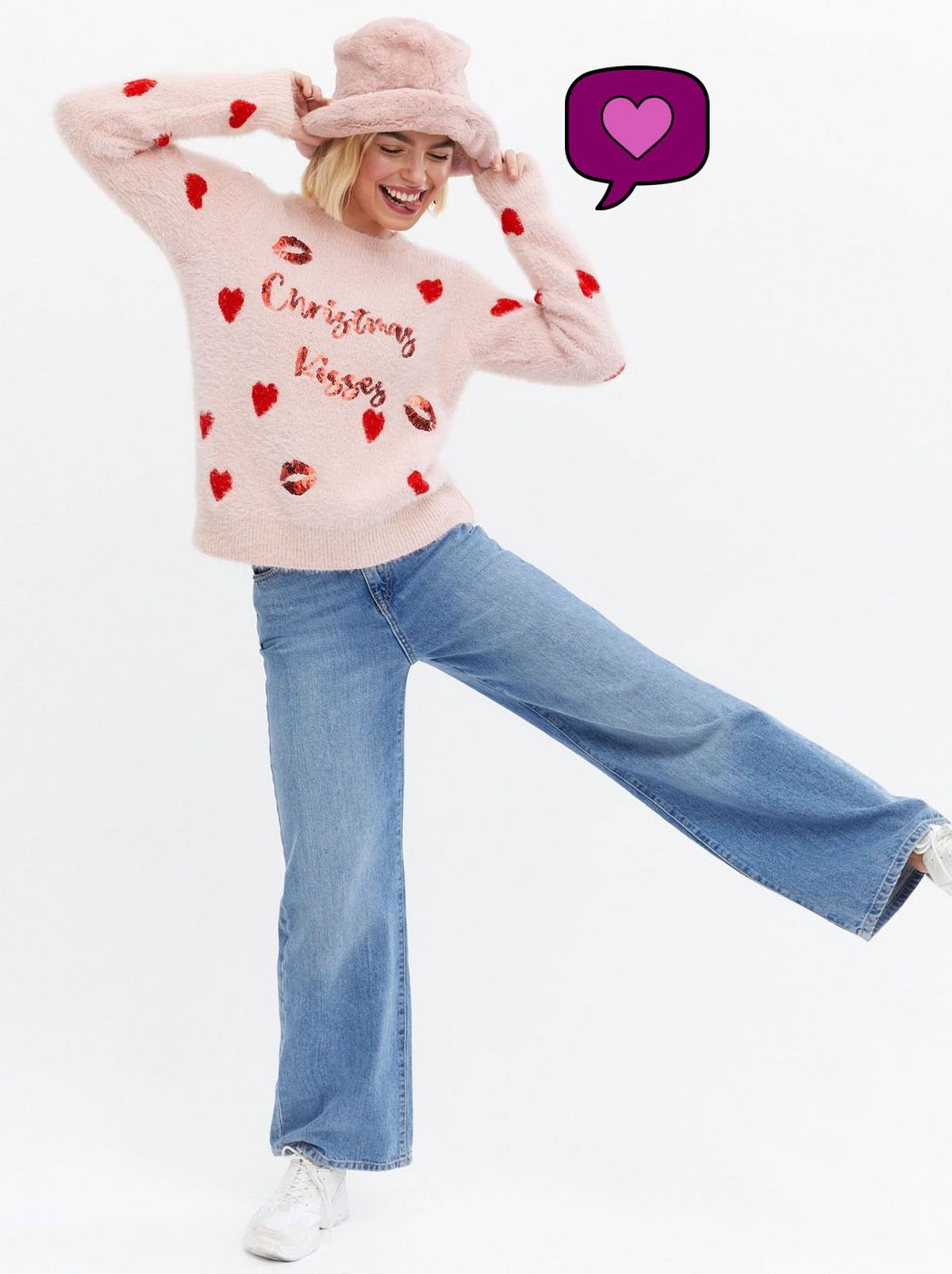 Women's Pink Fluffy Christmas Kisses Sequin Logo Jumper	