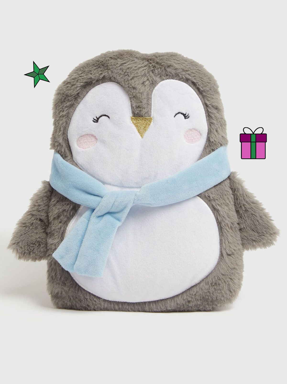 Grey Penguin Faux Fur Hot Water Bottle	