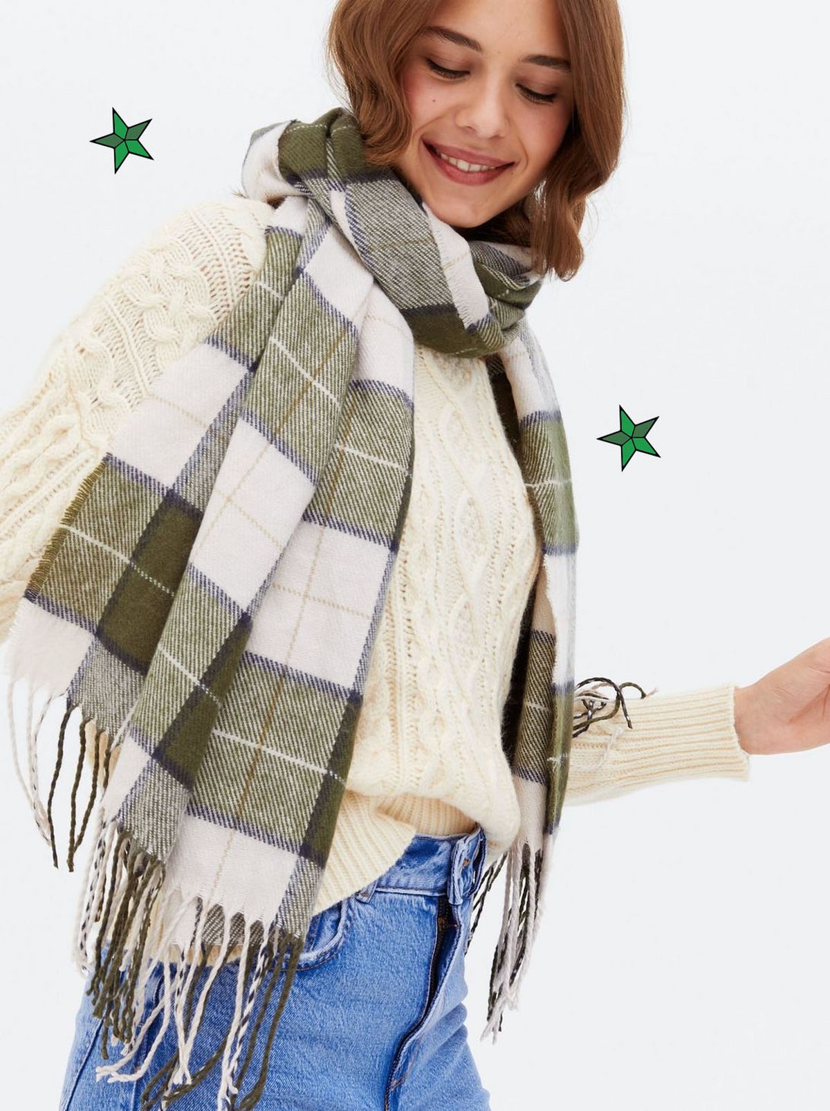 Women's Green Check Tassel Trim Scarf 	