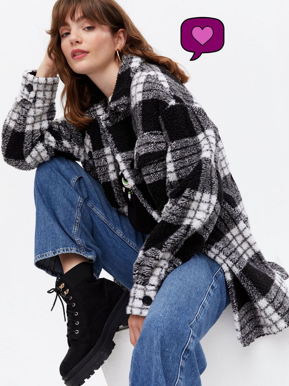 Women's Black Check Teddy Shacket	