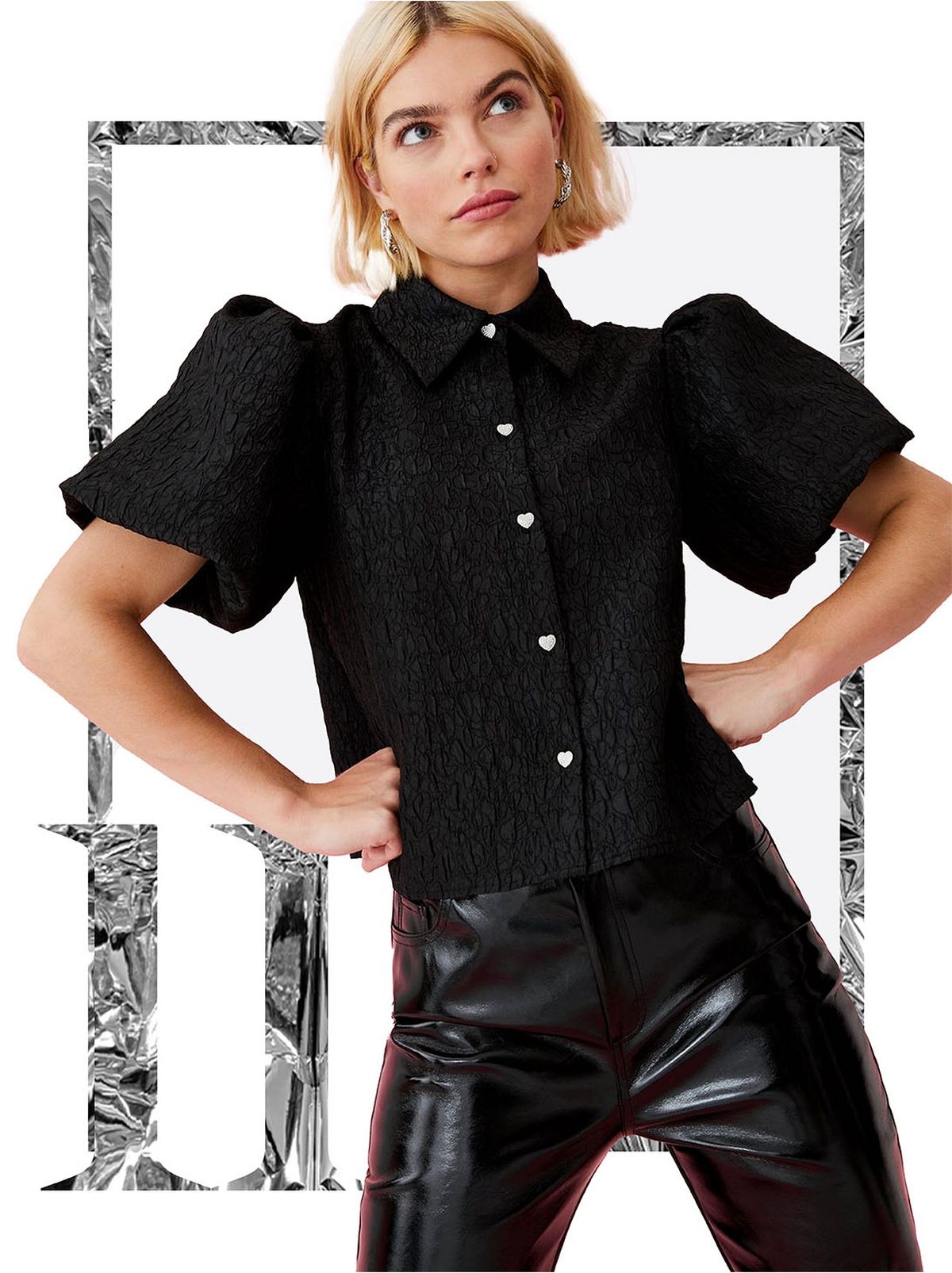 Women's Black Textured Diamanté Heart Button Puff Sleeve Shirt