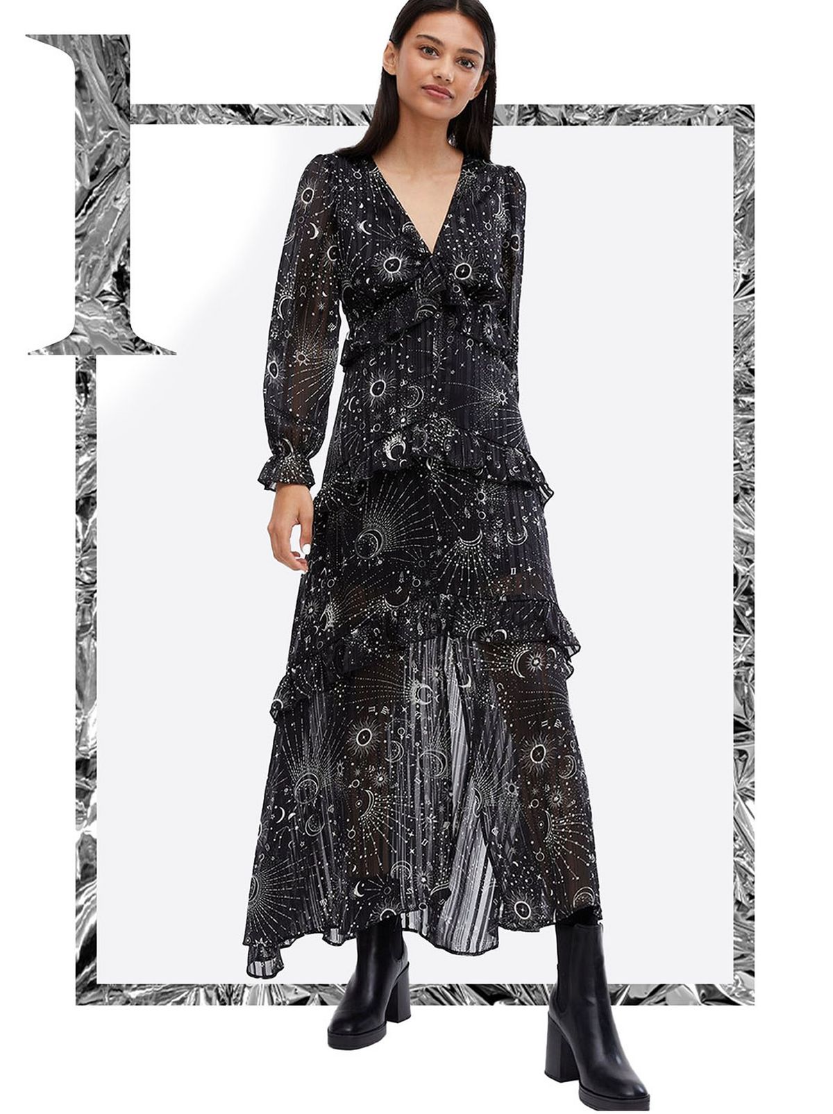 Women's Black Mystic Ruffle Tiered Midi Dress