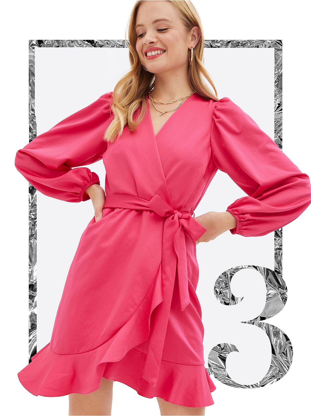 Women's Bright Pink Satin Ruffle Long Sleeve Mini Wrap Dress