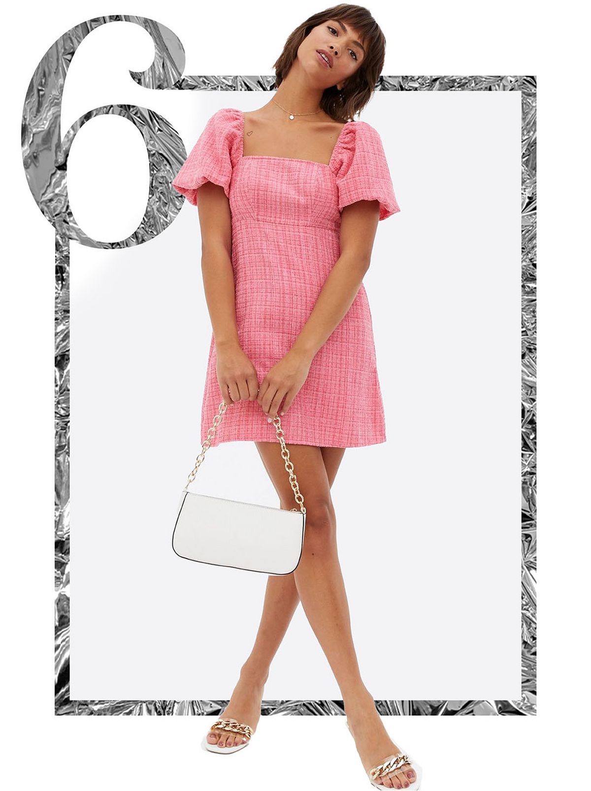 Women's Pink Check Bouclé Metallic Square Neck Mini Dress