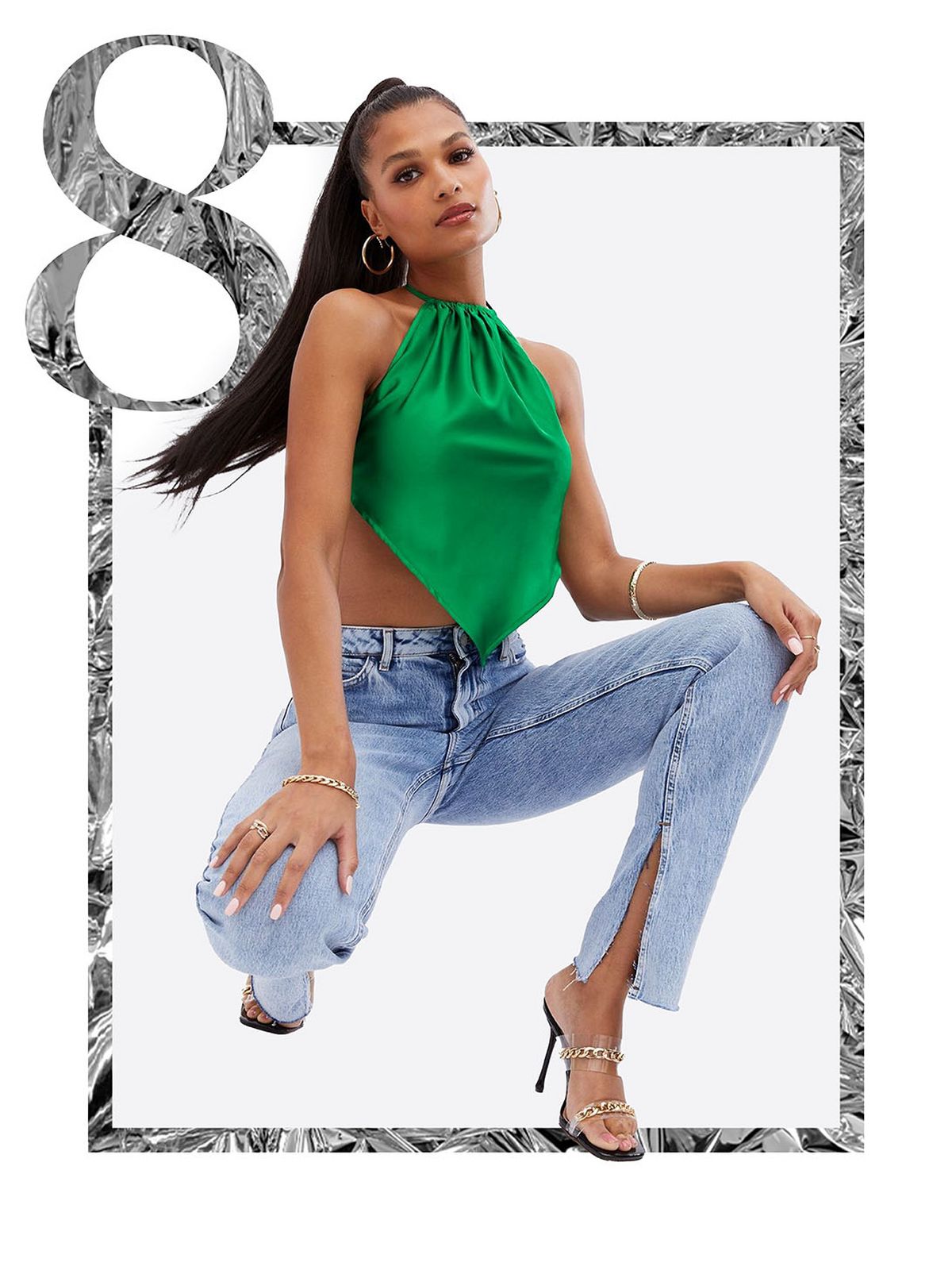 Women's Green Satin Hanky Hem Halter Top