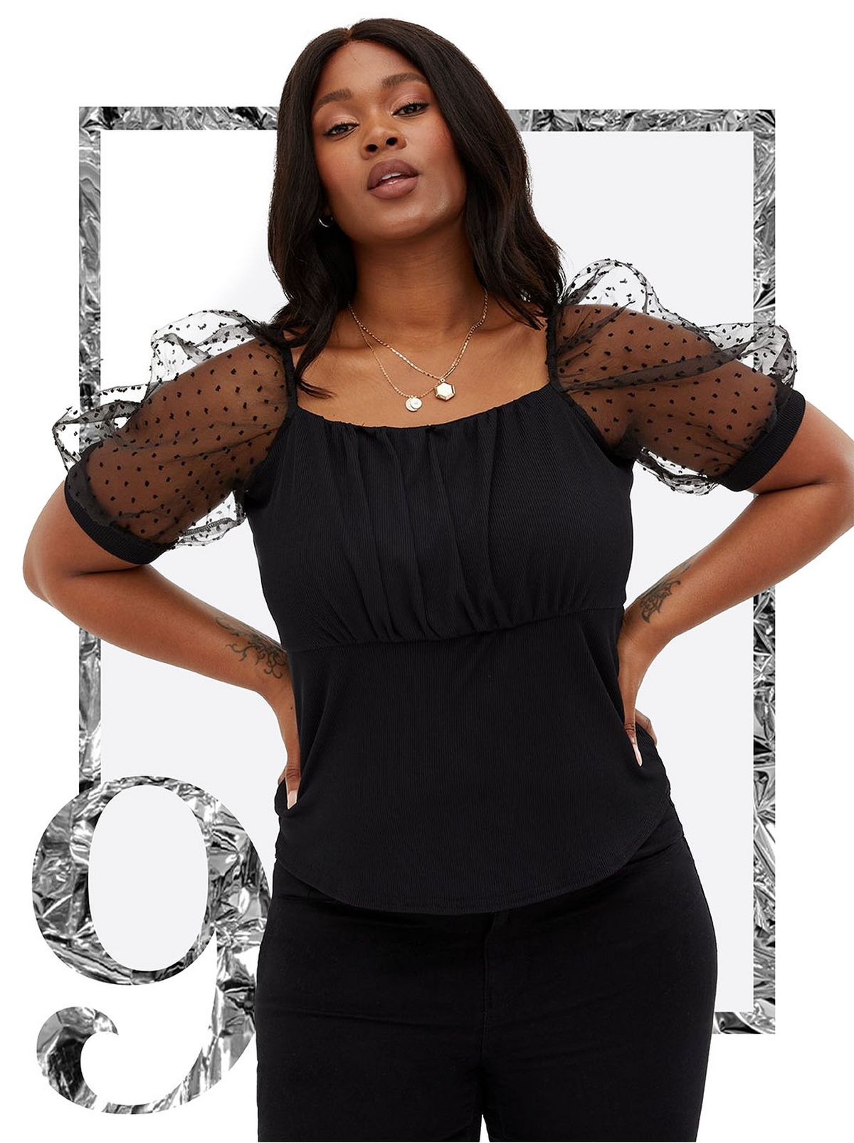 Women's Black Spot Mesh Sleeve Ruched Top