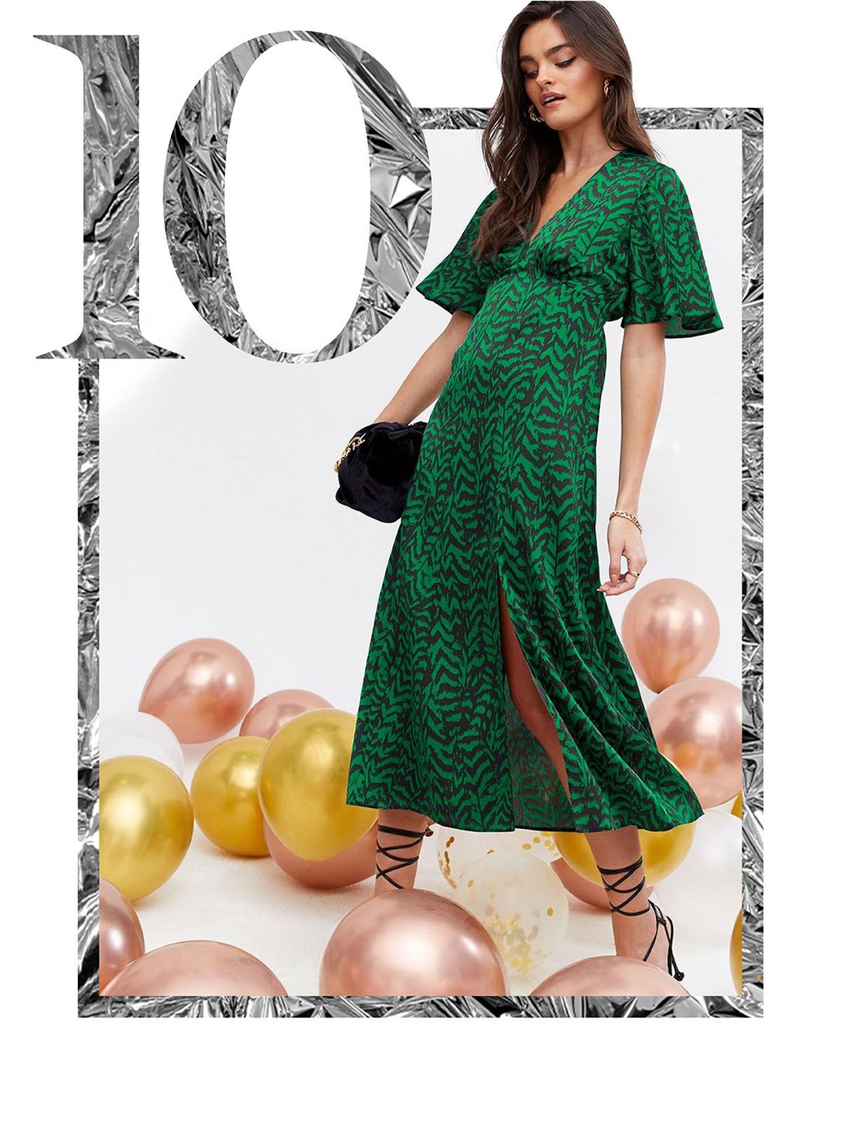 Woman wearing a green zebra print midi dress