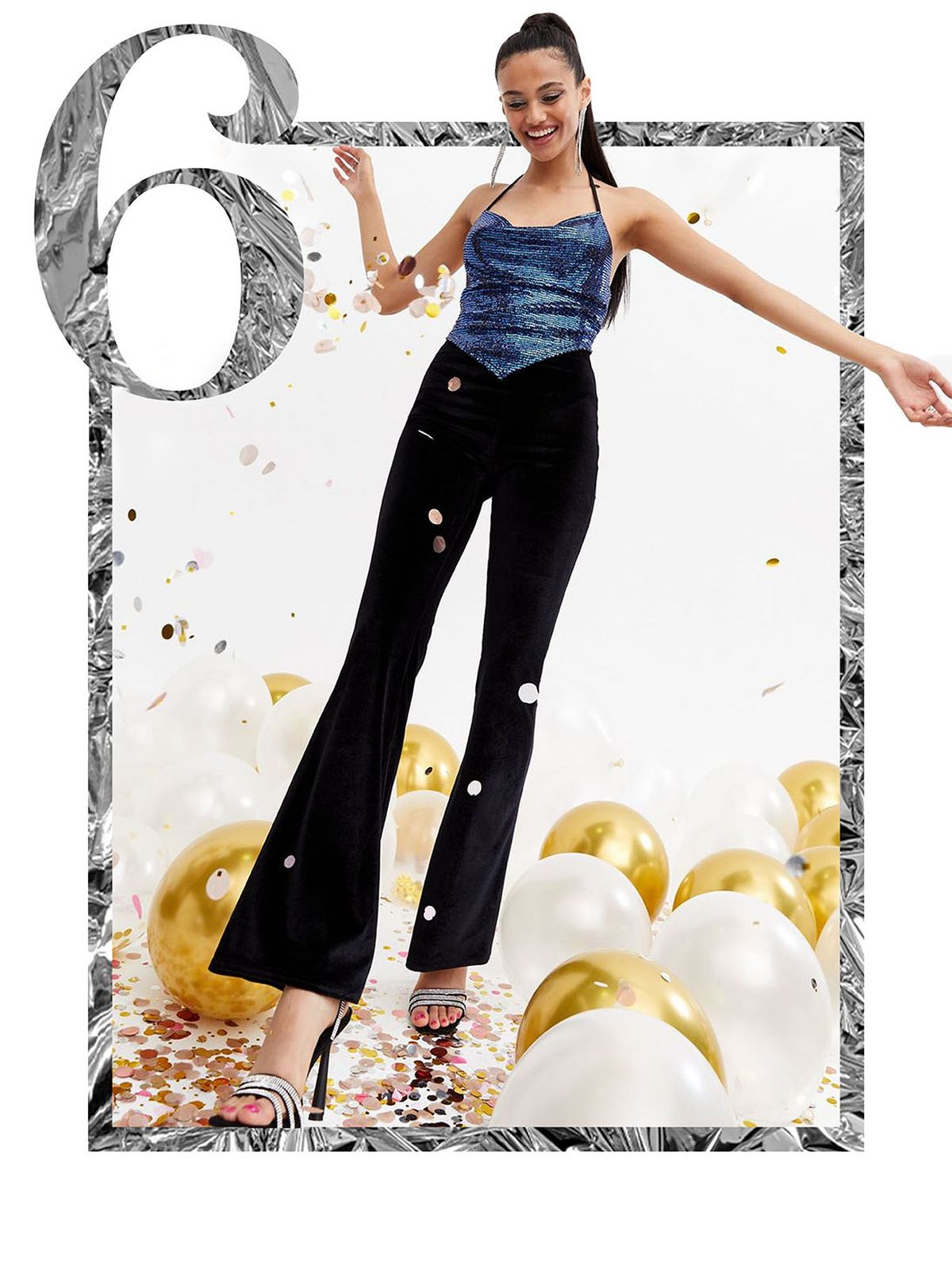 Woman wearing a black velvet flared trousers