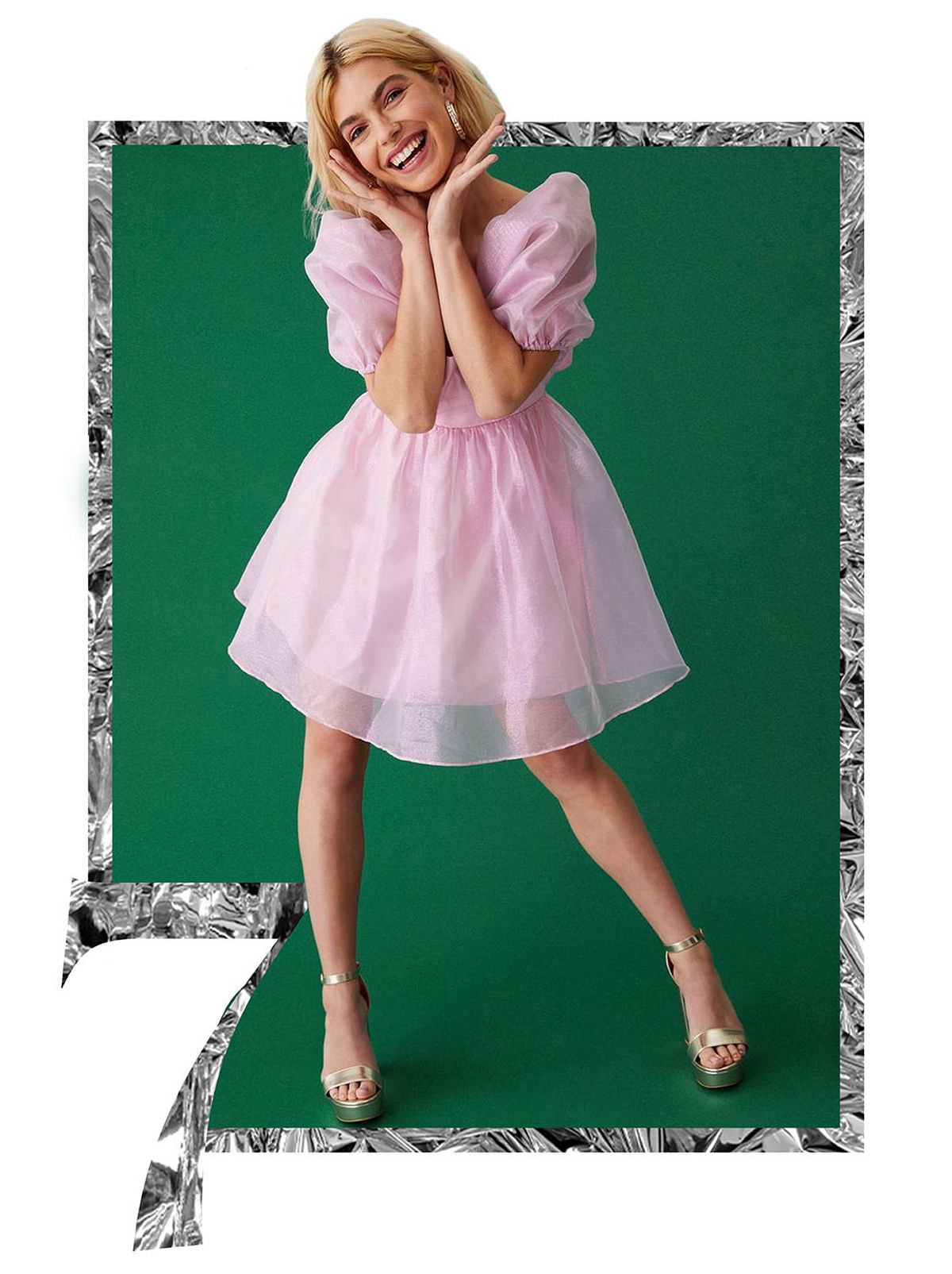 Woman wearing a pink organza puff sleeve dress