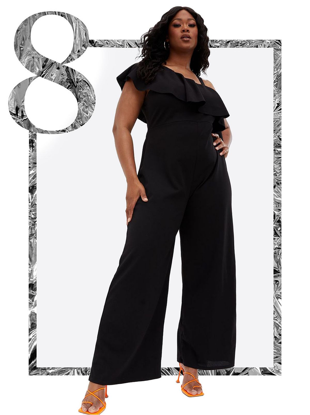 Woman wearing a black frill one shoulder wide leg jumpsuit