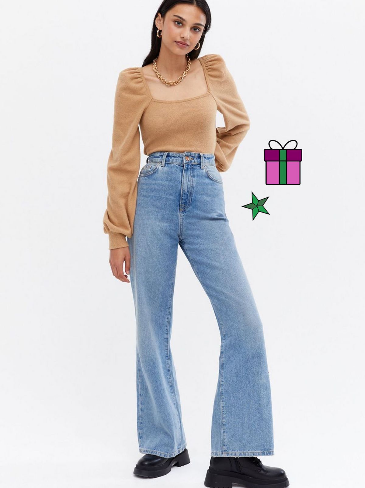 Woman wearing a camel brushed knit square neck top	