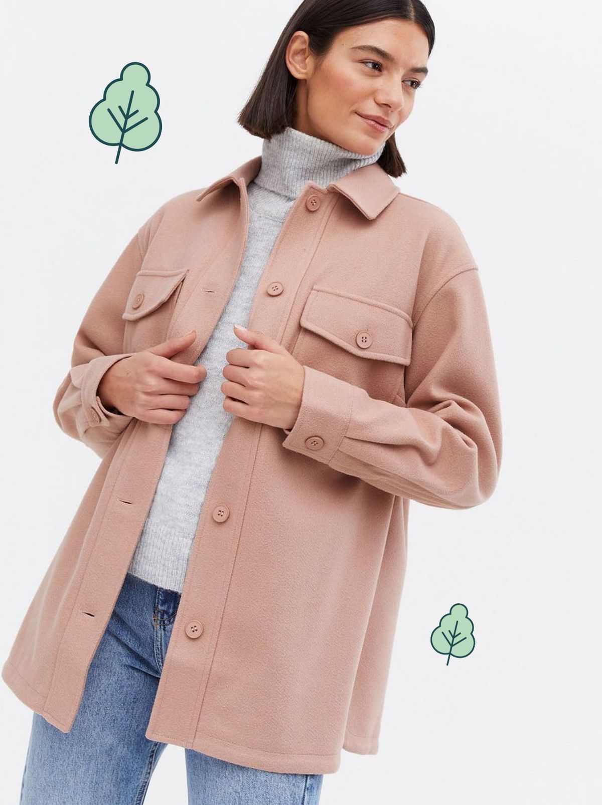 Woman wearing a pink double pocket shacket