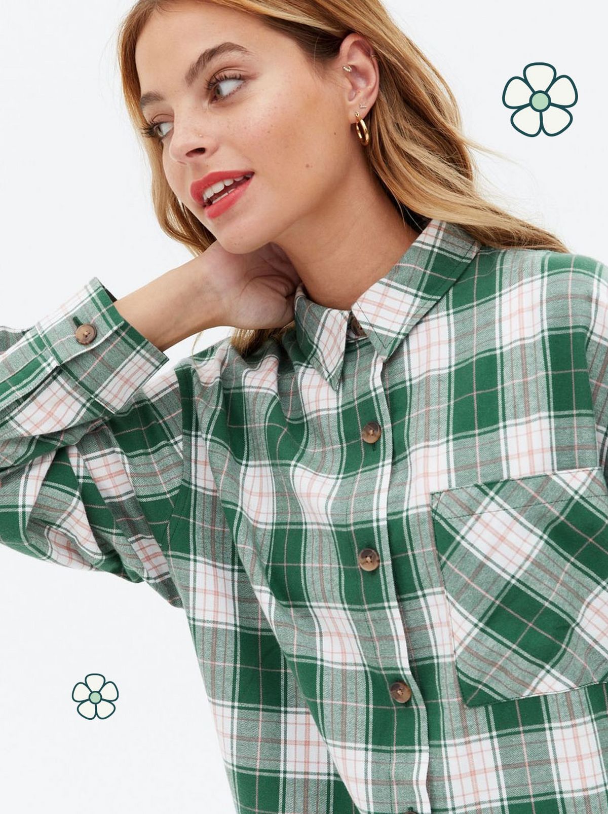 Woman wearing a Green Check Long Sleeve Oversized Shirt