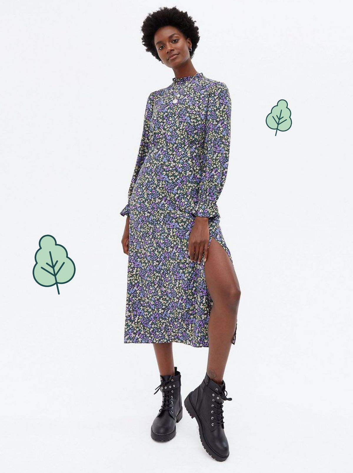 Woman wearing a blue disty floral long midi dress