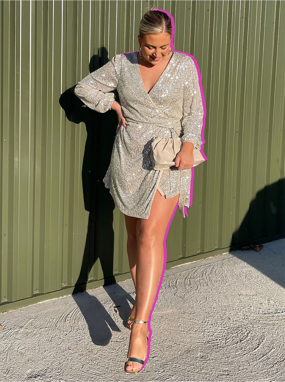 Lauren C wearing a white sequin mini dress	