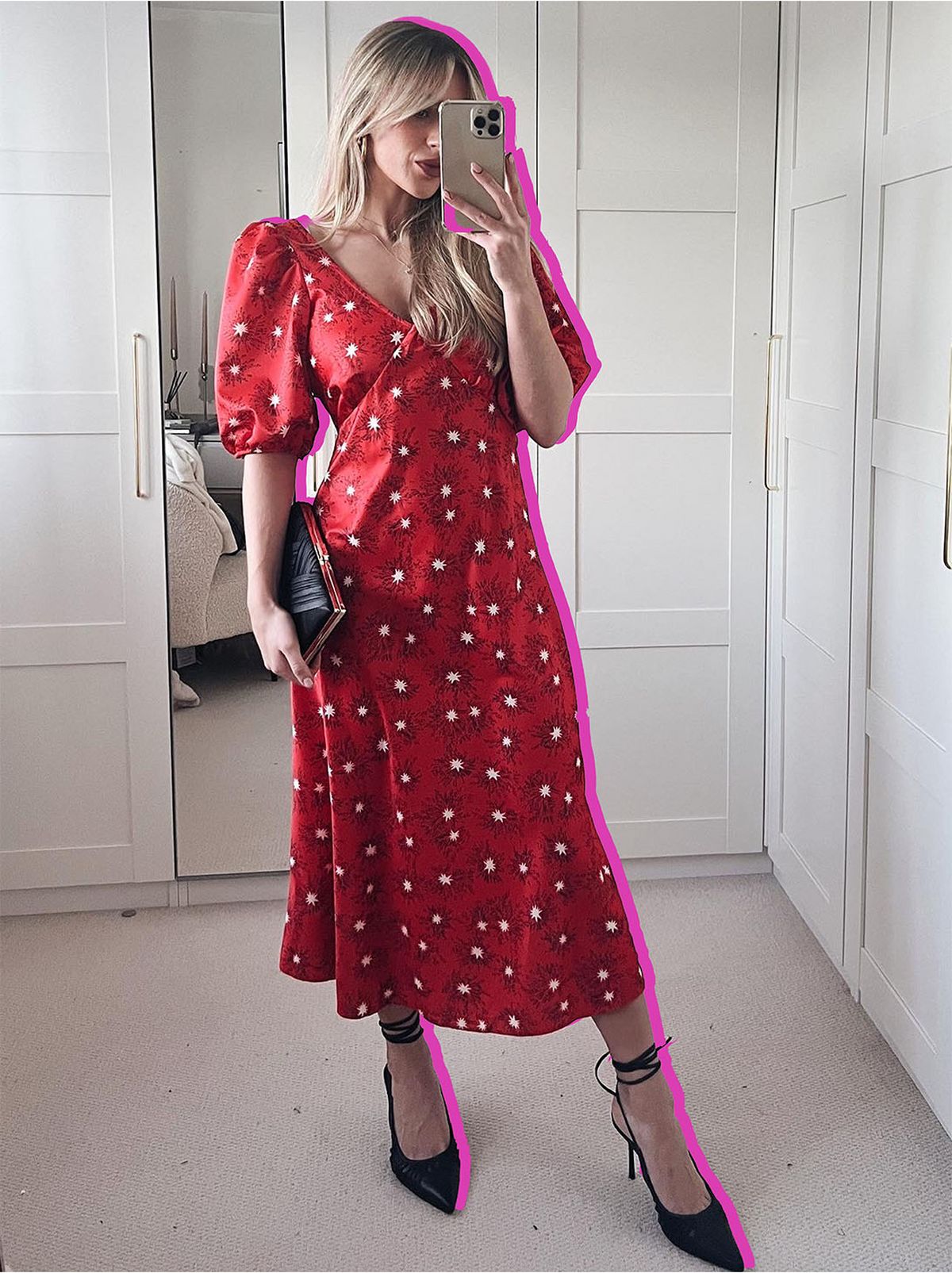Shanon wearing a red puff sleeves midi dress	