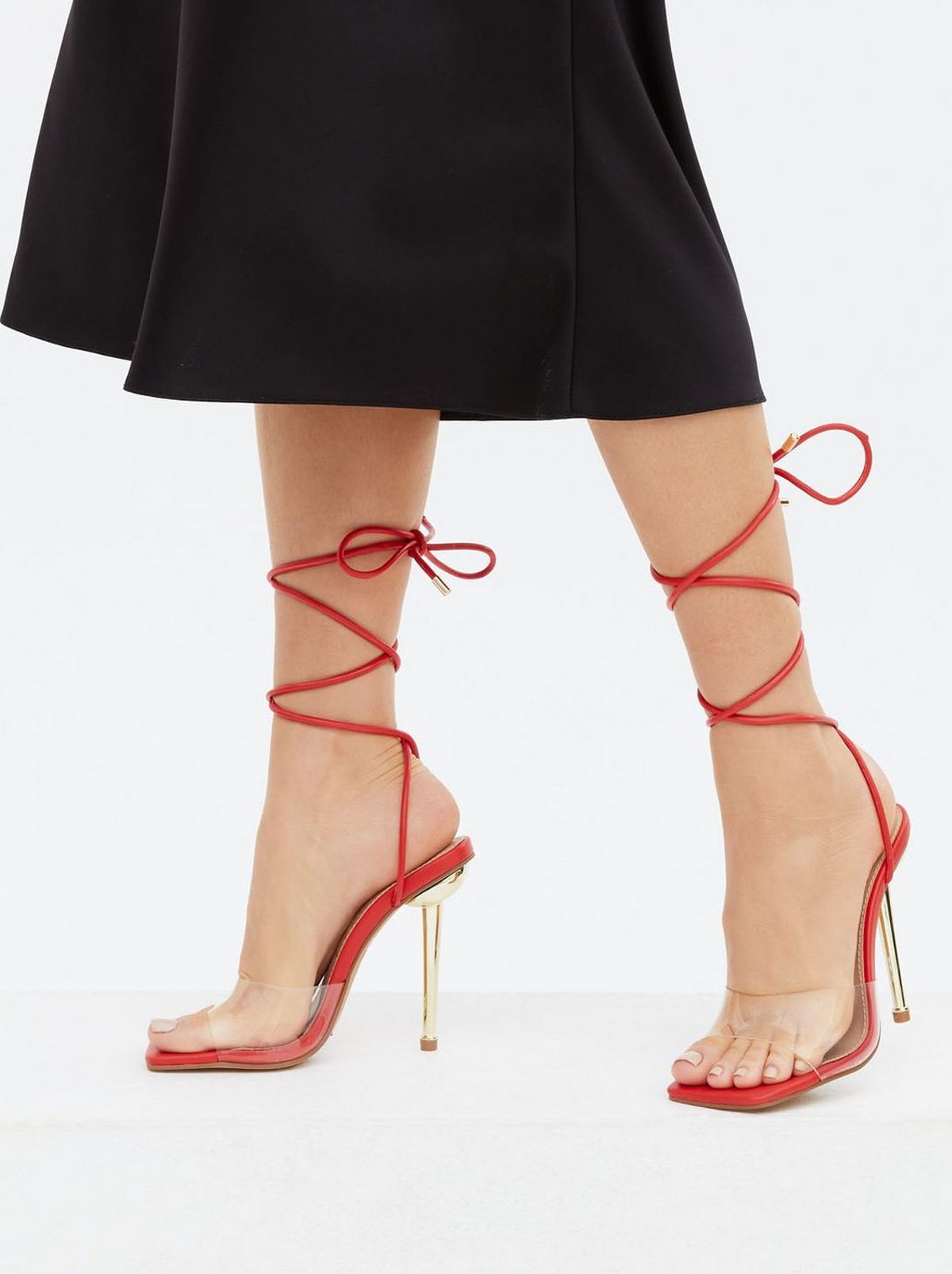 Women's Red Metal Trim Ankle Tie Stiletto Heel Sandals