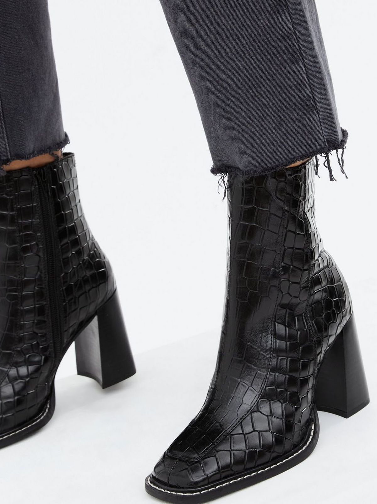 Women's Black Leather Faux Croc Flared Block Heel Ankle Boots