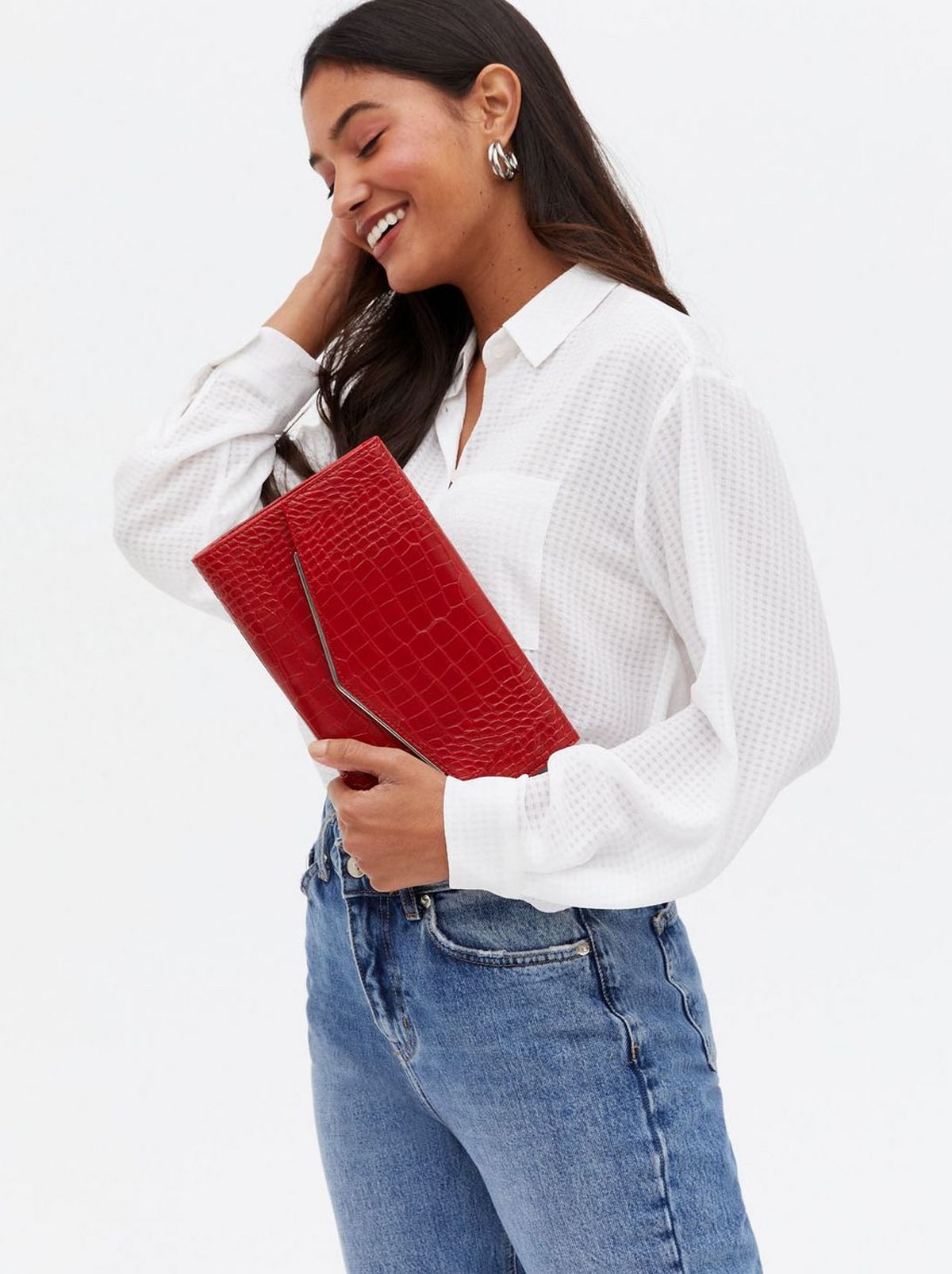 Women's Red Faux Croc Chain Cross Body Clutch Bag
