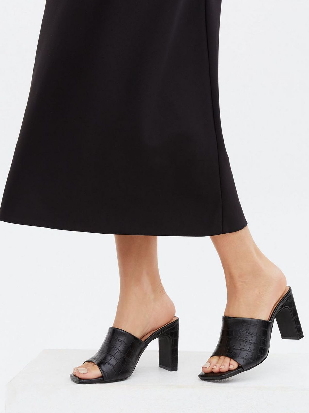 Women's Black Faux Croc Slim Block Heel Mules