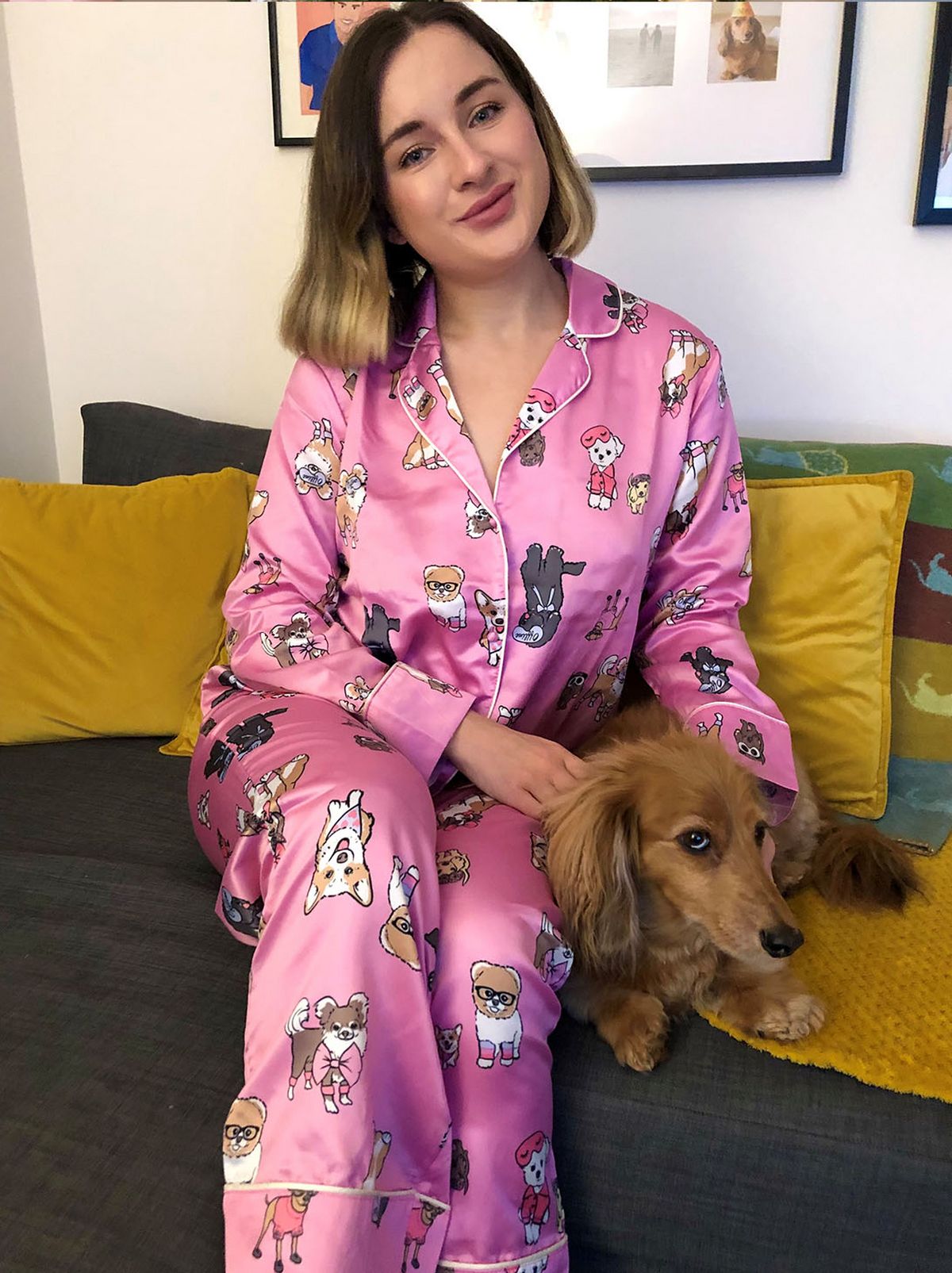 New Look's Charlotte wearing an animal print shirt and trousers pyjama set	