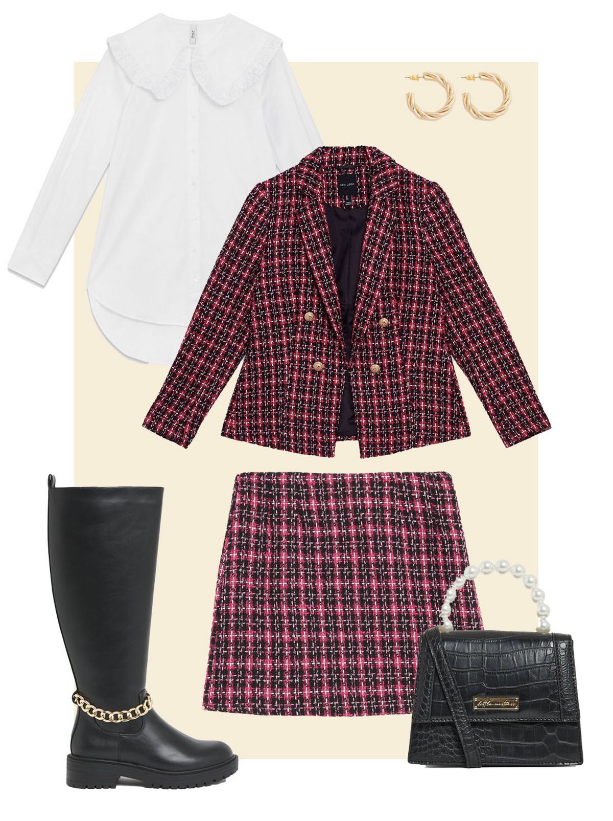 Women's pink check boucle blazer, frill collar long shirt, high waist mini skirt, chunky knee high boots, cross body bag and gold twisted chunky hoop earrings