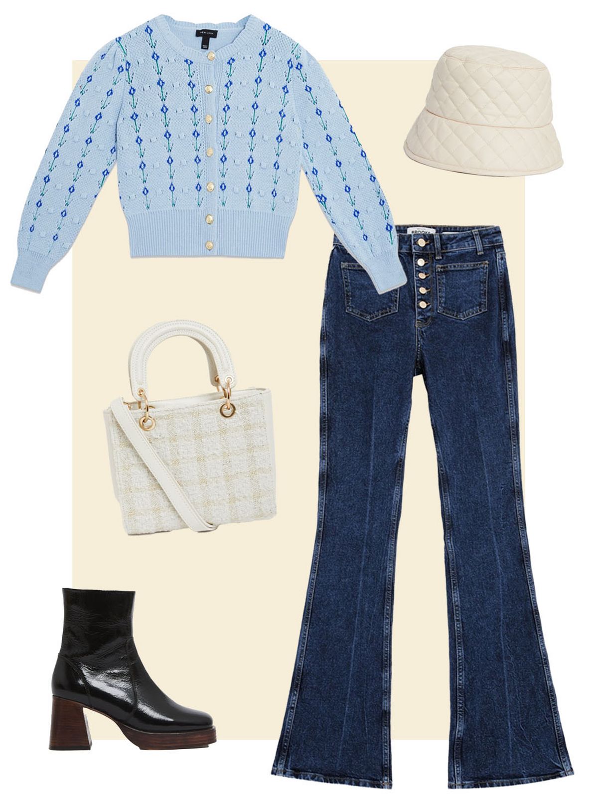 Women's quilted leather look bucket hat, embroidered knit button crop cardigan, check cross body bag, high waist flared brooke jeans and leather platform block heel ankle boots