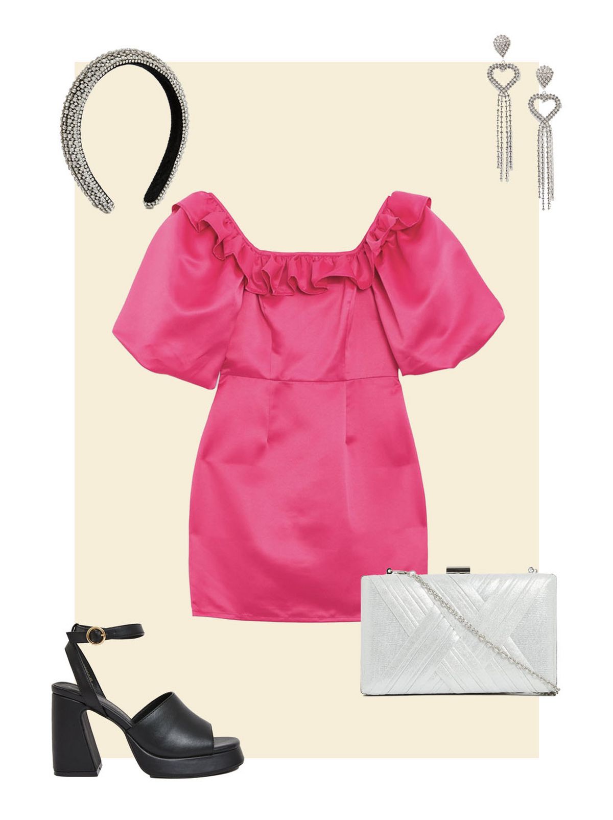 Women's silver diamante headband, bright pink satin frill puff sleeve mini dress, silver diamante heart drop tassel earrings, black platform block heel sandals and silver pleated satin chain box clutch bag