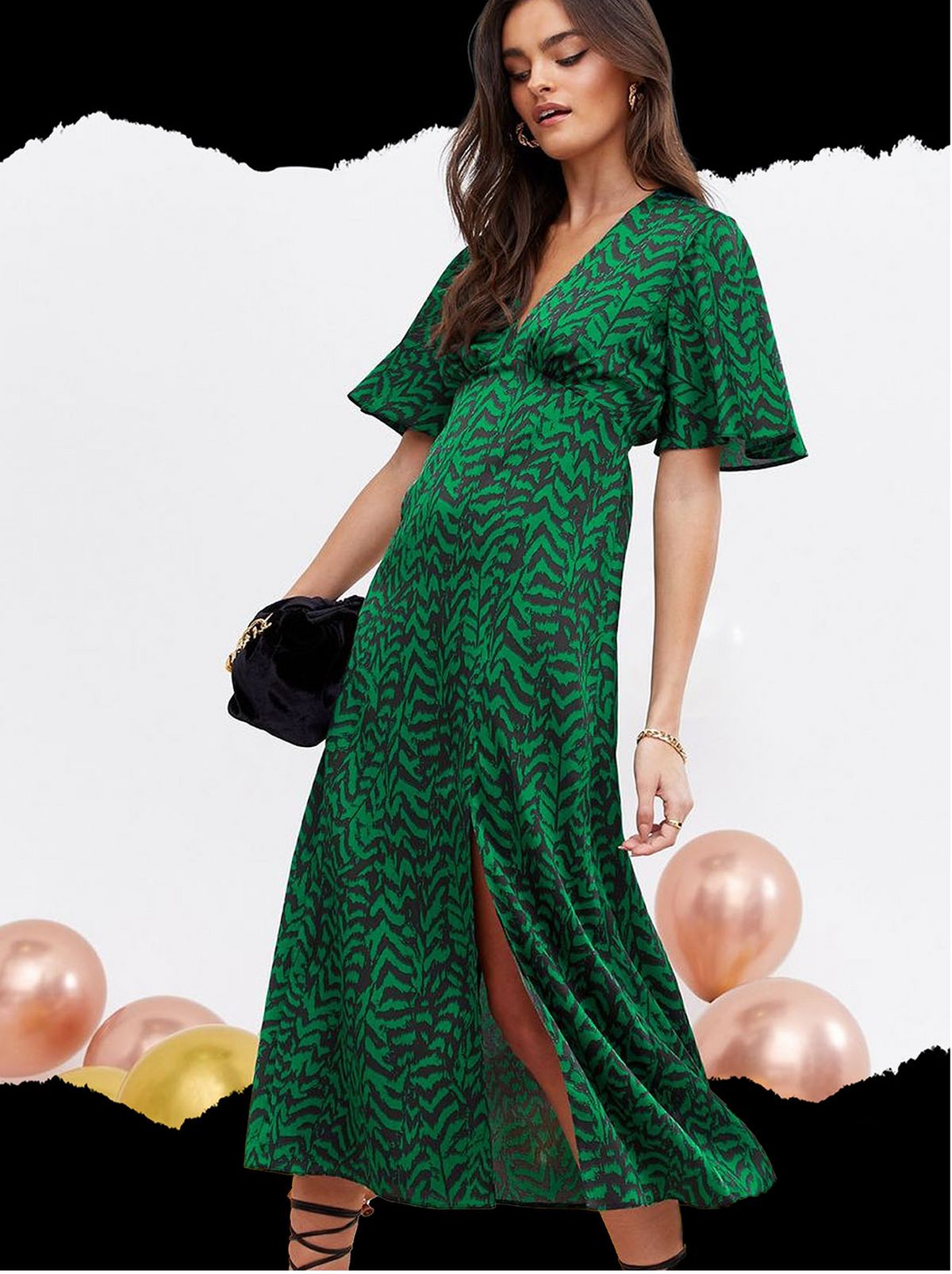 Woman wearing a green satin zebra dress