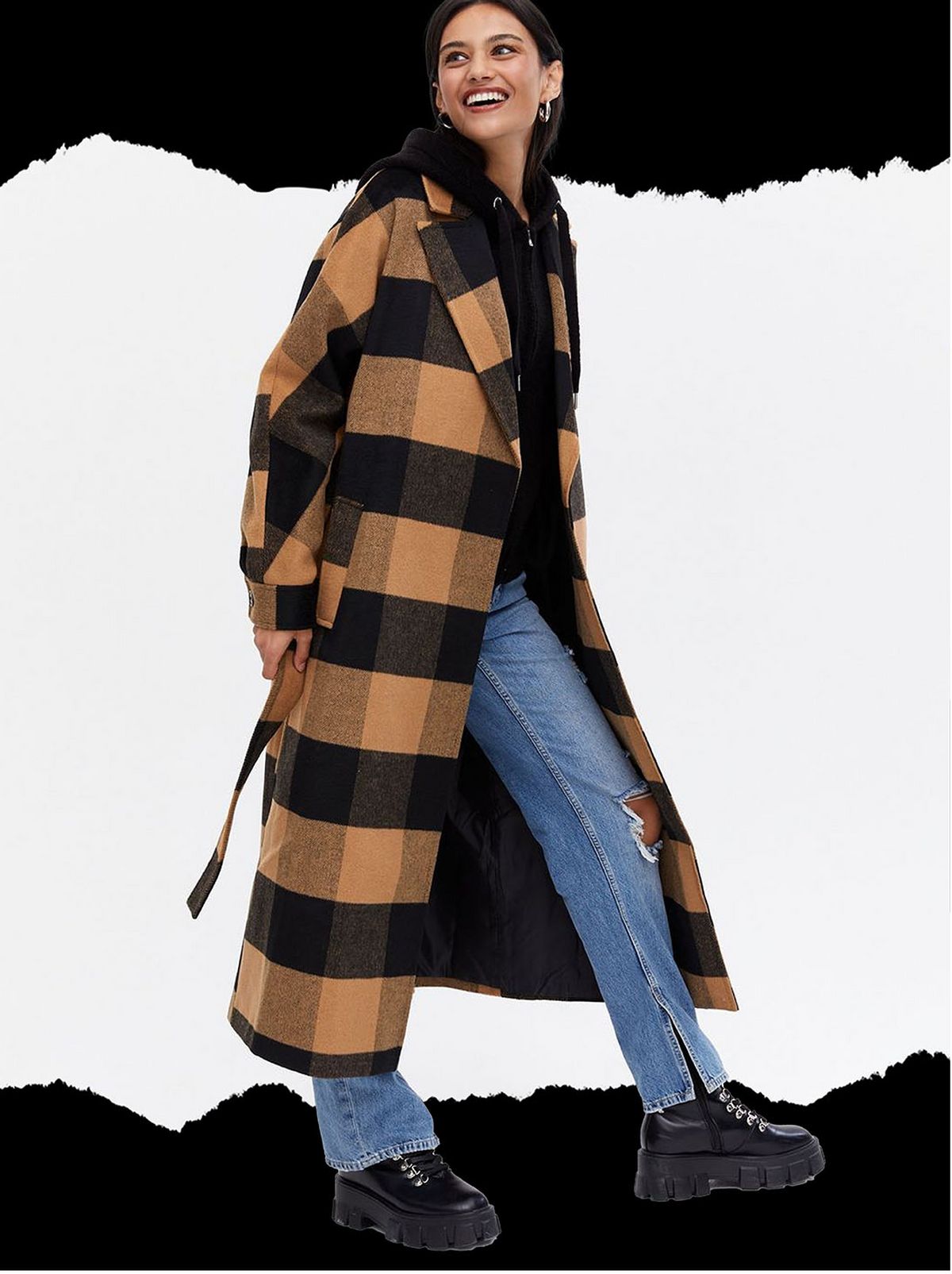 Woman wearing a camel gingham long coat