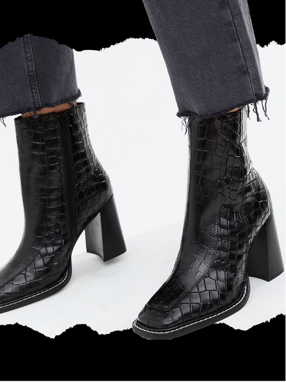 Women's black leather a faux croc heel ankle boots