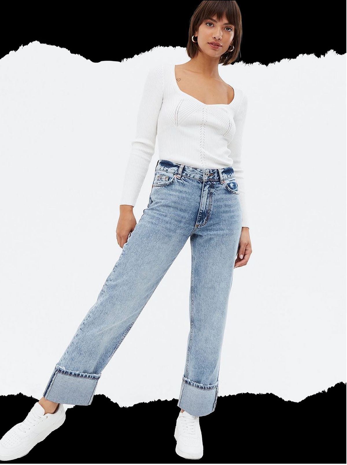 Woman wearing a blue straight leg jeans