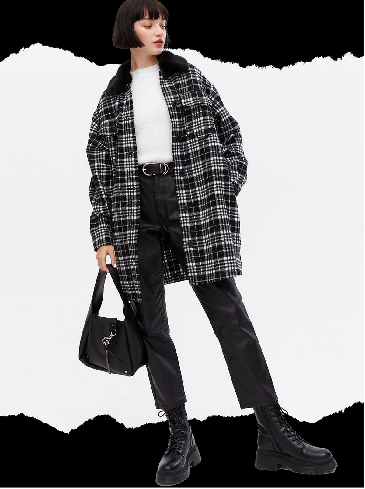Woman wearing a black check collar shacket
