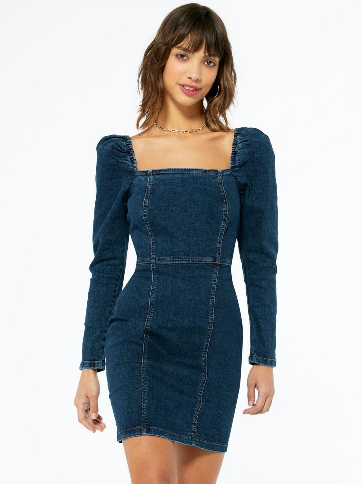 model wears denim puff sleeve mini dress