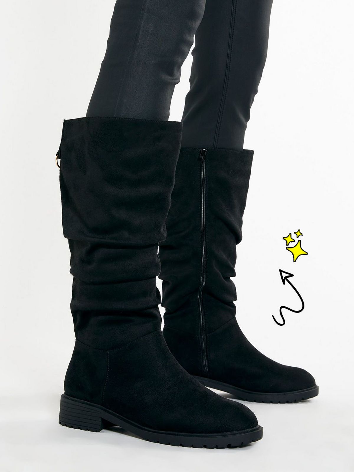 wide fit black suedette slouch knee high boots