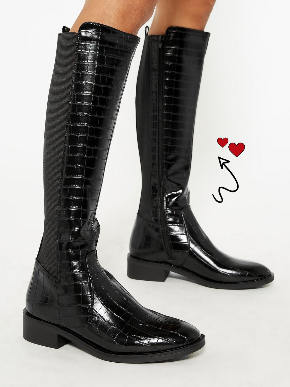 black faux croc elasticated knee high boots