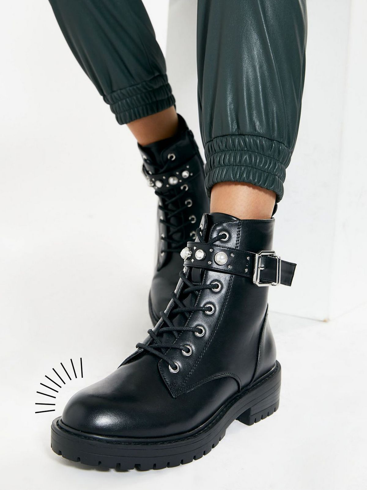 black leather-look stud lace up ankle boots