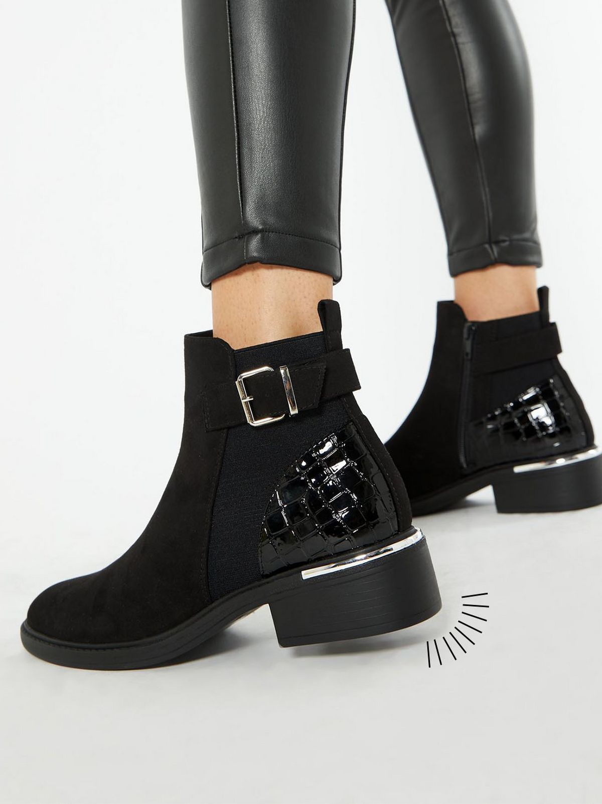 black suedette faux croc buckle chelsea boots