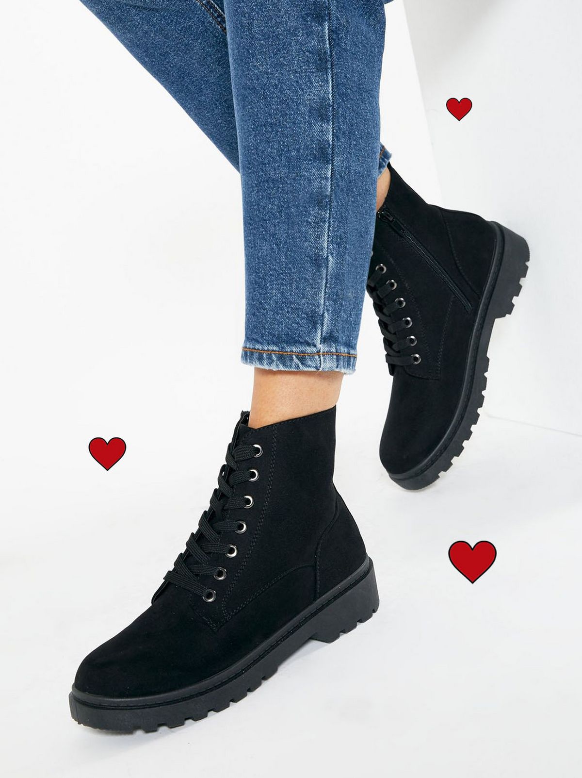 black suedette lace up chunky biker boots