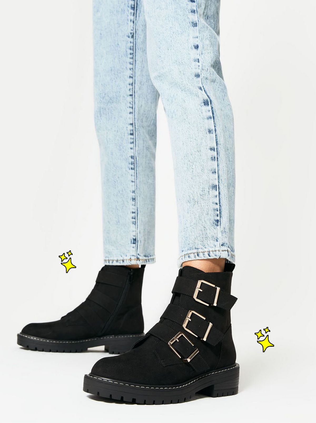 black suedette triple buckle chunky biker boots
