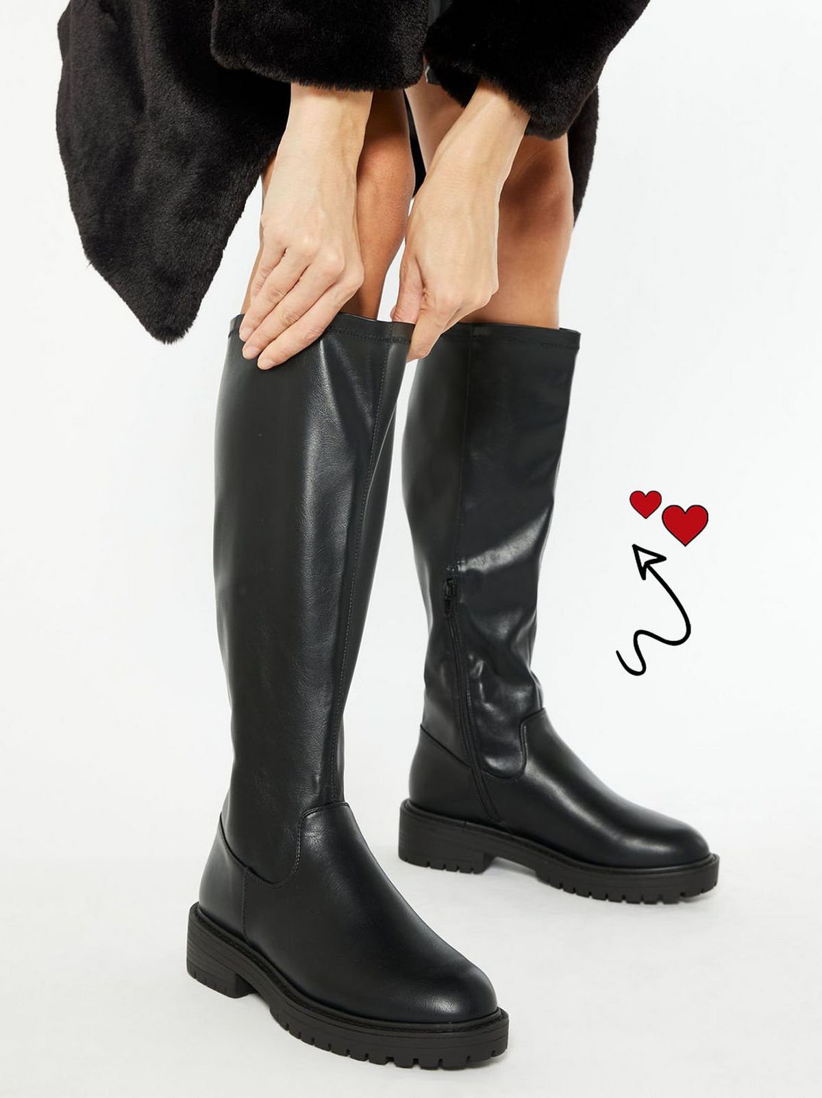 wide fit black chunky knee high boots
