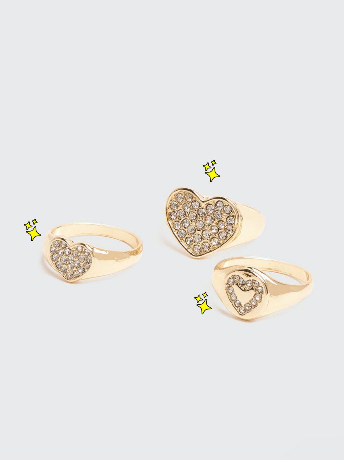 3 pack gold diamanté heart rings